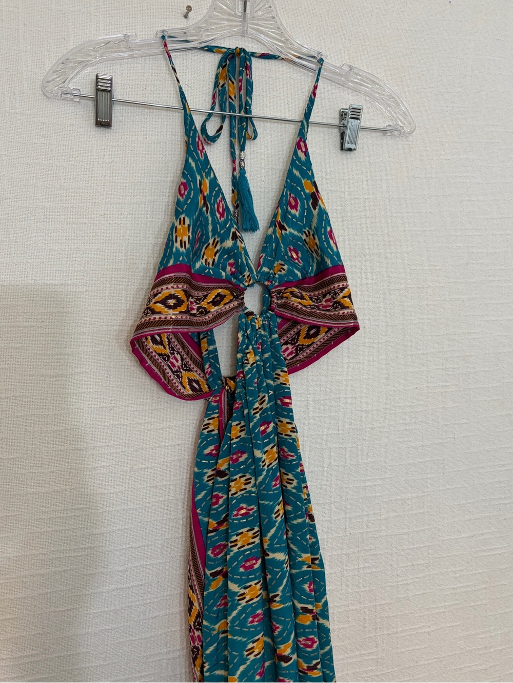 Teal Patterned Halter Maxi Dress with Ring Detail